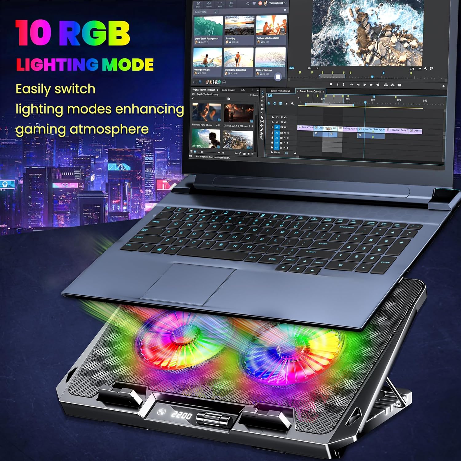 Ant Esports NC281 Gaming Laptop Cooling Pad with 2 Fans 110mm, RGB Laptop Cooler Stand with 5 Height Adjustable, Laptop Fan Cooling Pad for Upto 17.2 Inches, Variable Speed, LCD Screen – Carbon Black - Image 5