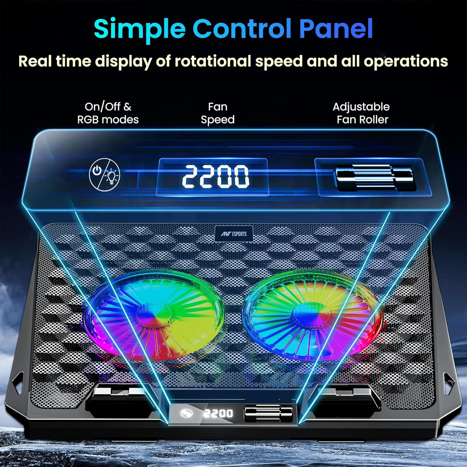 Ant Esports NC281 Gaming Laptop Cooling Pad with 2 Fans 110mm, RGB Laptop Cooler Stand with 5 Height Adjustable, Laptop Fan Cooling Pad for Upto 17.2 Inches, Variable Speed, LCD Screen – Carbon Black - Image 6
