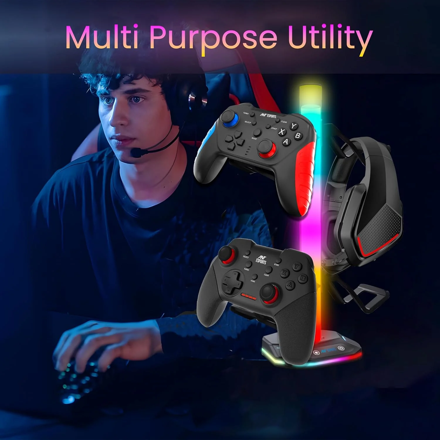 Ant Esports RGB Headset Stand, Gaming Controller Stand with 2 USB Charging Ports,10 Light Modes Headset Holder PC / PS5 / Xbox Gaming Accessories, Suitable for All Headset Black - Image 3