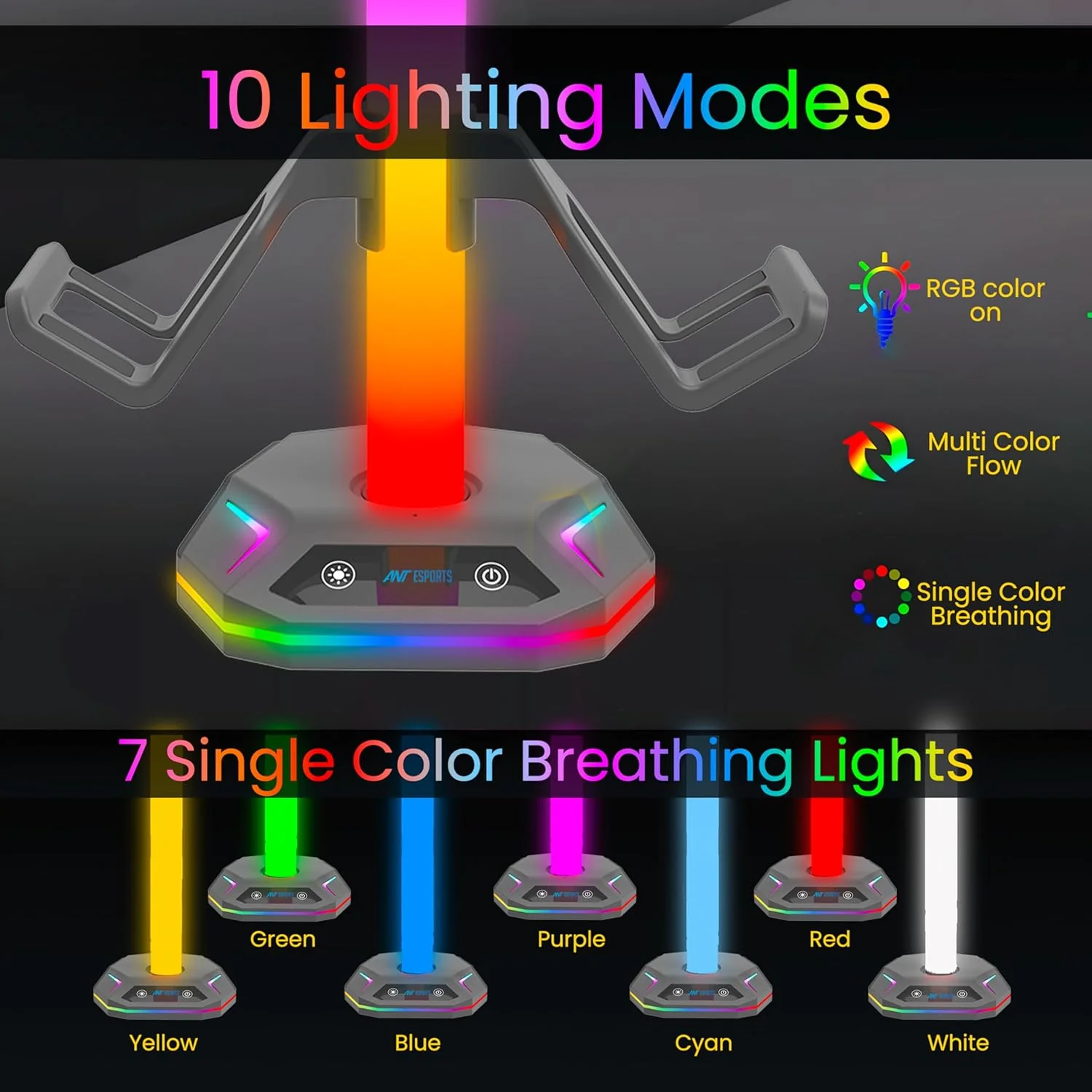 Ant Esports RGB Headset Stand, Gaming Controller Stand with 2 USB Charging Ports,10 Light Modes Headset Holder PC / PS5 / Xbox Gaming Accessories, Suitable for All Headset Black - Image 4