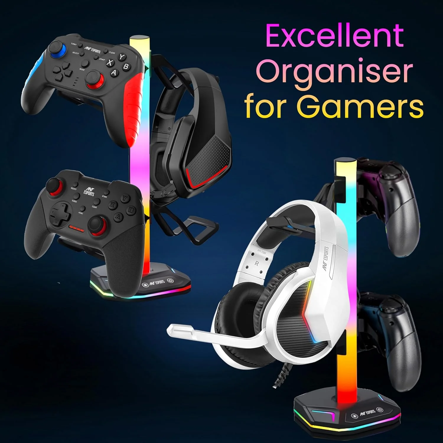 Ant Esports RGB Headset Stand, Gaming Controller Stand with 2 USB Charging Ports,10 Light Modes Headset Holder PC / PS5 / Xbox Gaming Accessories, Suitable for All Headset Black - Image 5