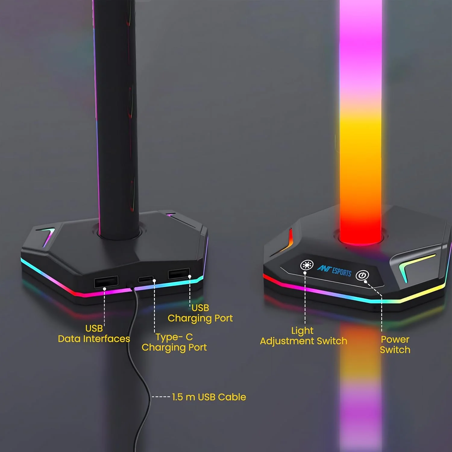 Ant Esports RGB Headset Stand, Gaming Controller Stand with 2 USB Charging Ports,10 Light Modes Headset Holder PC / PS5 / Xbox Gaming Accessories, Suitable for All Headset Black - Image 6