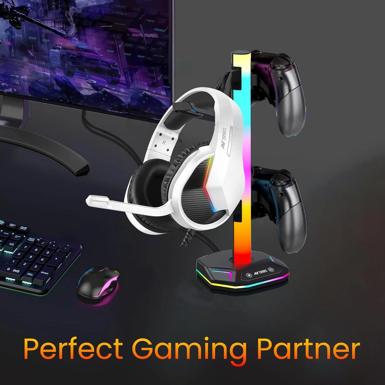 Ant Esports RGB Headset Stand, Gaming Controller Stand with 2 USB Charging Ports,10 Light Modes Headset Holder PC / PS5 / Xbox Gaming Accessories, Suitable for All Headset Black - Image 7