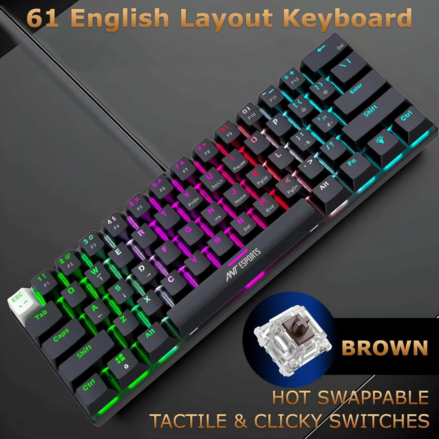 Ant Esports Thunder10, 60% Wired Mechanical Gaming Keyboard Mouse Combo, Anti-Ghosting Brown Switch RGB Backlit Keyboard,5 Programable Buttons 3200DPI RGB Weight Honeycomb Mouse PC MAC_Carbon Black - Image 2