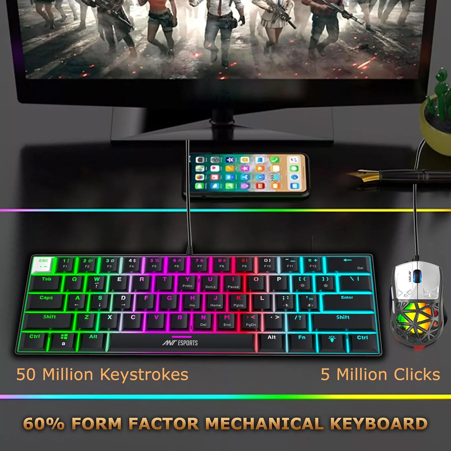 Ant Esports Thunder10, 60% Wired Mechanical Gaming Keyboard Mouse Combo, Anti-Ghosting Brown Switch RGB Backlit Keyboard,5 Programable Buttons 3200DPI RGB Weight Honeycomb Mouse PC MAC_Carbon Black - Image 3