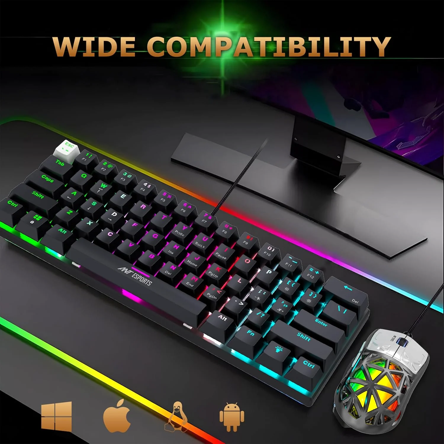 Ant Esports Thunder10, 60% Wired Mechanical Gaming Keyboard Mouse Combo, Anti-Ghosting Brown Switch RGB Backlit Keyboard,5 Programable Buttons 3200DPI RGB Weight Honeycomb Mouse PC MAC_Carbon Black - Image 4