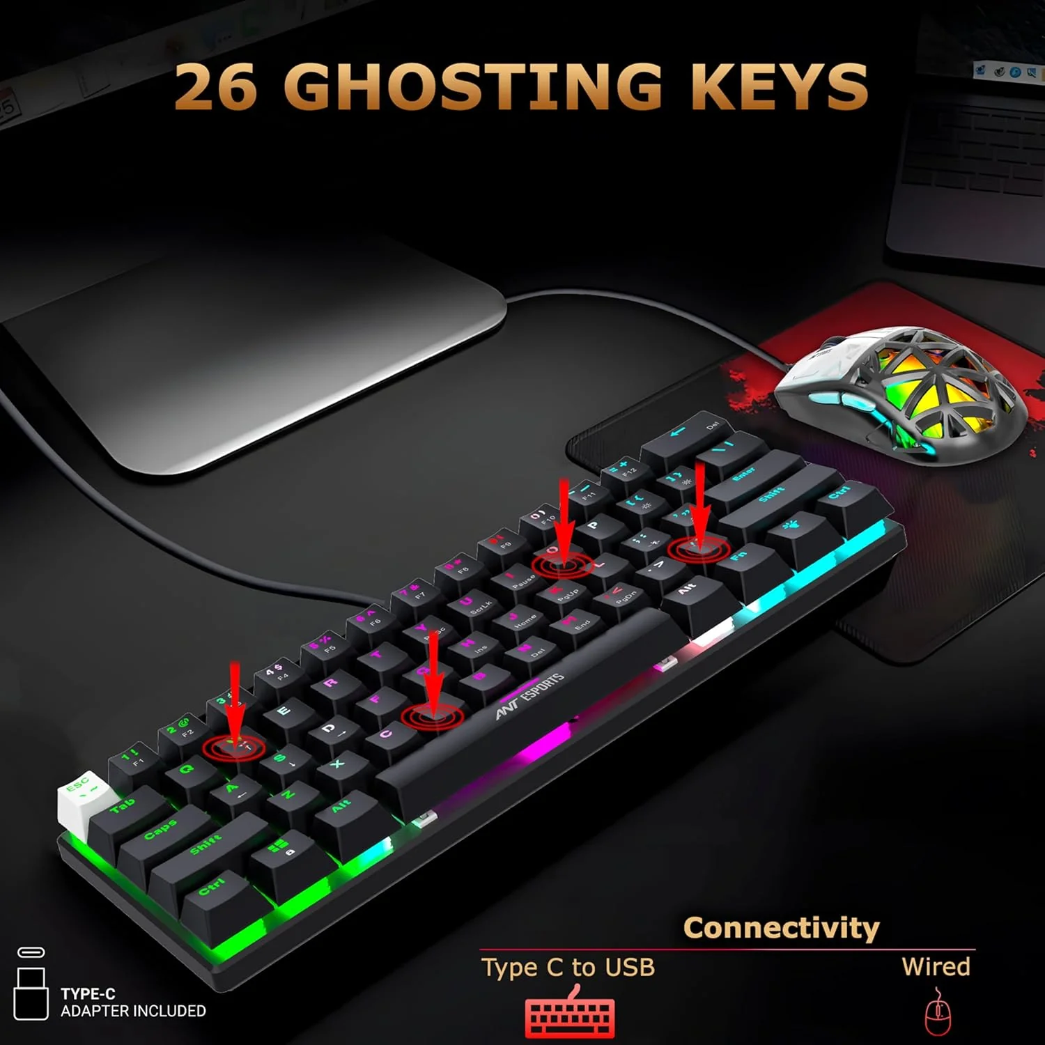 Ant Esports Thunder10, 60% Wired Mechanical Gaming Keyboard Mouse Combo, Anti-Ghosting Brown Switch RGB Backlit Keyboard,5 Programable Buttons 3200DPI RGB Weight Honeycomb Mouse PC MAC_Carbon Black - Image 7