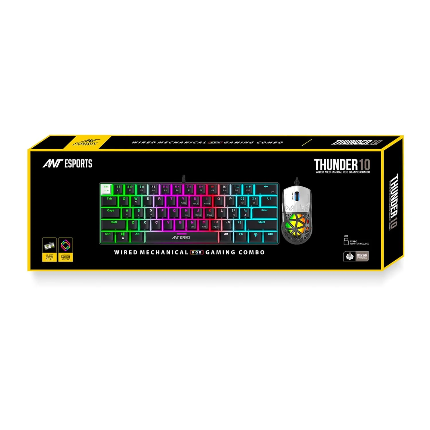 Ant Esports Thunder10, 60% Wired Mechanical Gaming Keyboard Mouse Combo, Anti-Ghosting Brown Switch RGB Backlit Keyboard,5 Programable Buttons 3200DPI RGB Weight Honeycomb Mouse PC MAC_Carbon Black - Image 9