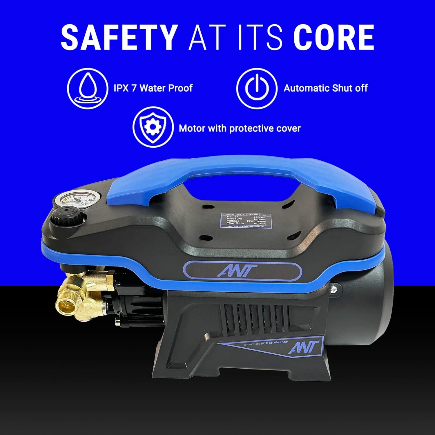 Ant Smart Jet 20 All-in-One Silent High-Pressure Washer, Portable Car Washer, 2200 Watts Motor, 140 Bar, 8L/Min Flow Rate, 8m Outlet Hose Pipe + 6 Essential Accessories for Car Bike and Home Cleaning - Image 3