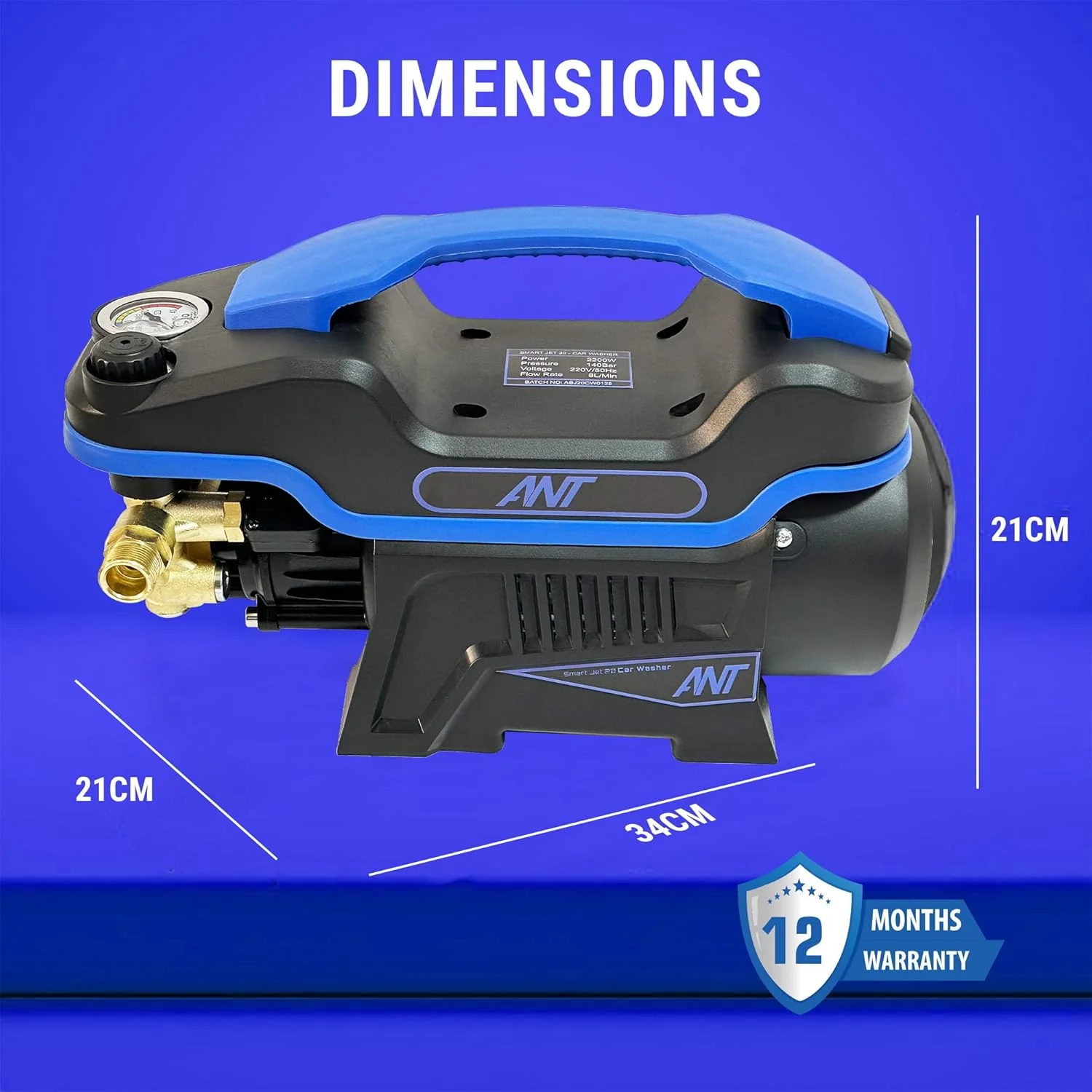 Ant Smart Jet 20 All-in-One Silent High-Pressure Washer, Portable Car Washer, 2200 Watts Motor, 140 Bar, 8L/Min Flow Rate, 8m Outlet Hose Pipe + 6 Essential Accessories for Car Bike and Home Cleaning - Image 4