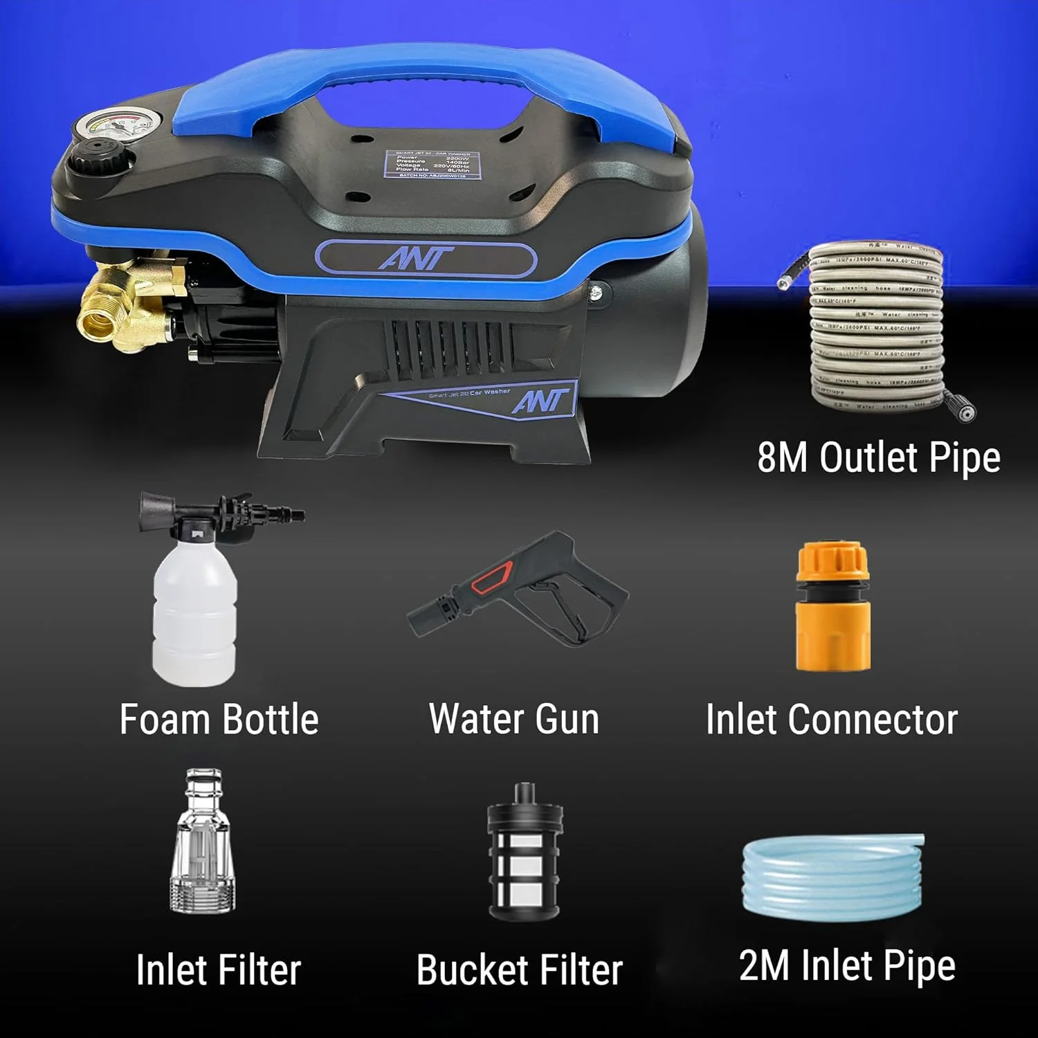 Ant Smart Jet 20 All-in-One Silent High-Pressure Washer, Portable Car Washer, 2200 Watts Motor, 140 Bar, 8L/Min Flow Rate, 8m Outlet Hose Pipe + 6 Essential Accessories for Car Bike and Home Cleaning - Image 6
