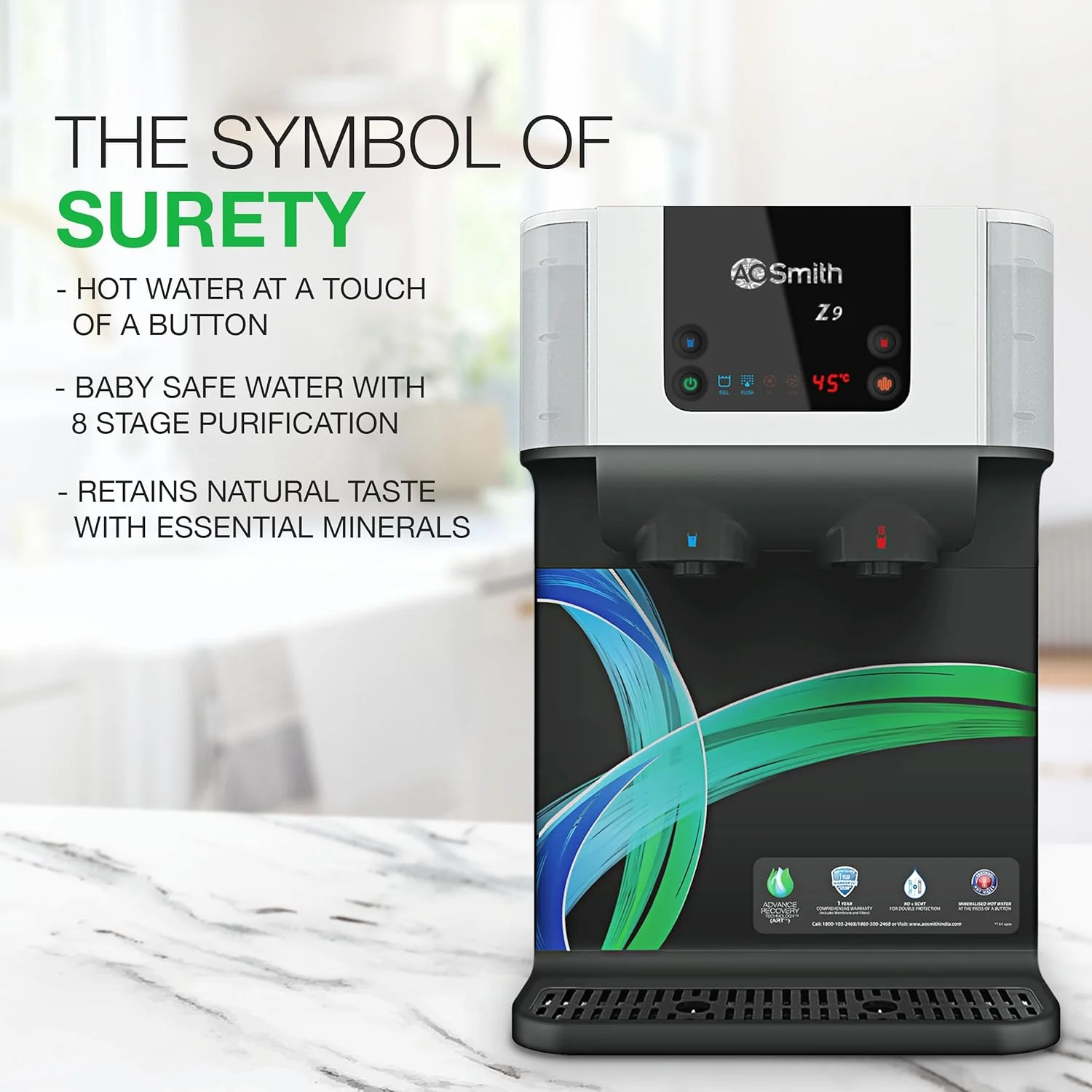 AO Smith Z9 Instant Hot+Ambient Water Purifier for Home with MIN-TECH | 10L Storage | 8-Stage Purification |100% RO + SCMT (Silver Charged Membrane Tech) | 55% Water Savings - Image 9