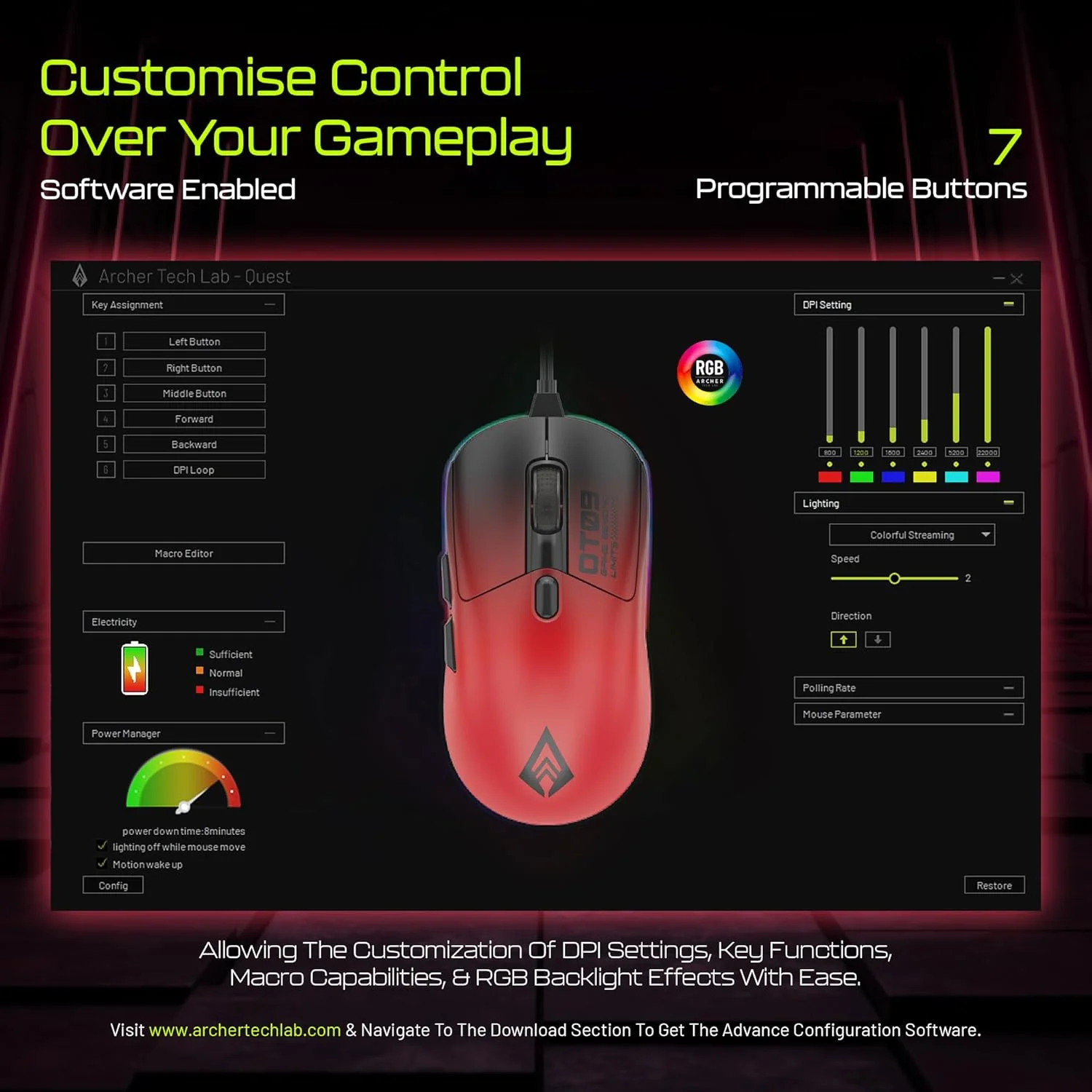 Archer Tech Lab Bluetooth Wireless Gaming Mouse (BT 5.3/2.4GHz/ Wired) PixArt PAW3311 Sensor, 22000 DPI~1000Hz Precise Tracking, 8 RGB/ 7 Programmable Buttons, Charging Dock, for PC Laptop Mac(Quest) - Image 6