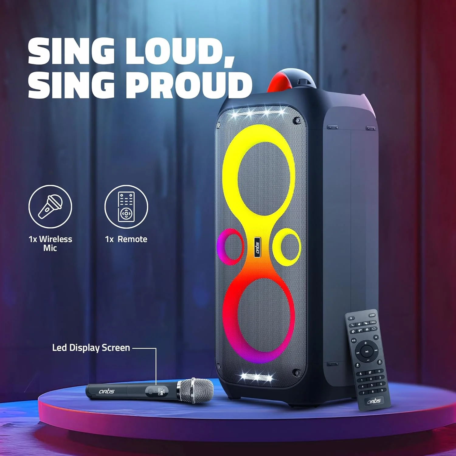 Artis SoundPro 500 Portable Bluetooth Party Speaker with TWS/USB/TF Card/AUX Input/Guitar Input/Wireless Mic & Wireless Remote (Black) (100W RMS Output) - Image 5