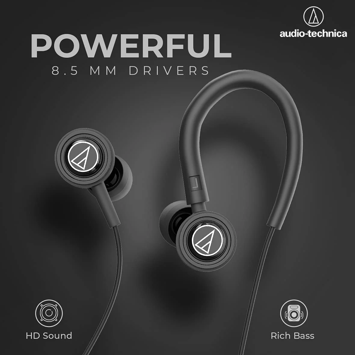 Audio-Technica Sonic Sport in-Ear Wired Earphones with Snap On/Off Ear Hooks, in-line Mic & Control, 8.5mm Powerful Drivers for Clear Sound & Rich Bass, Sound Isolation & Comfort Fit - Image 8
