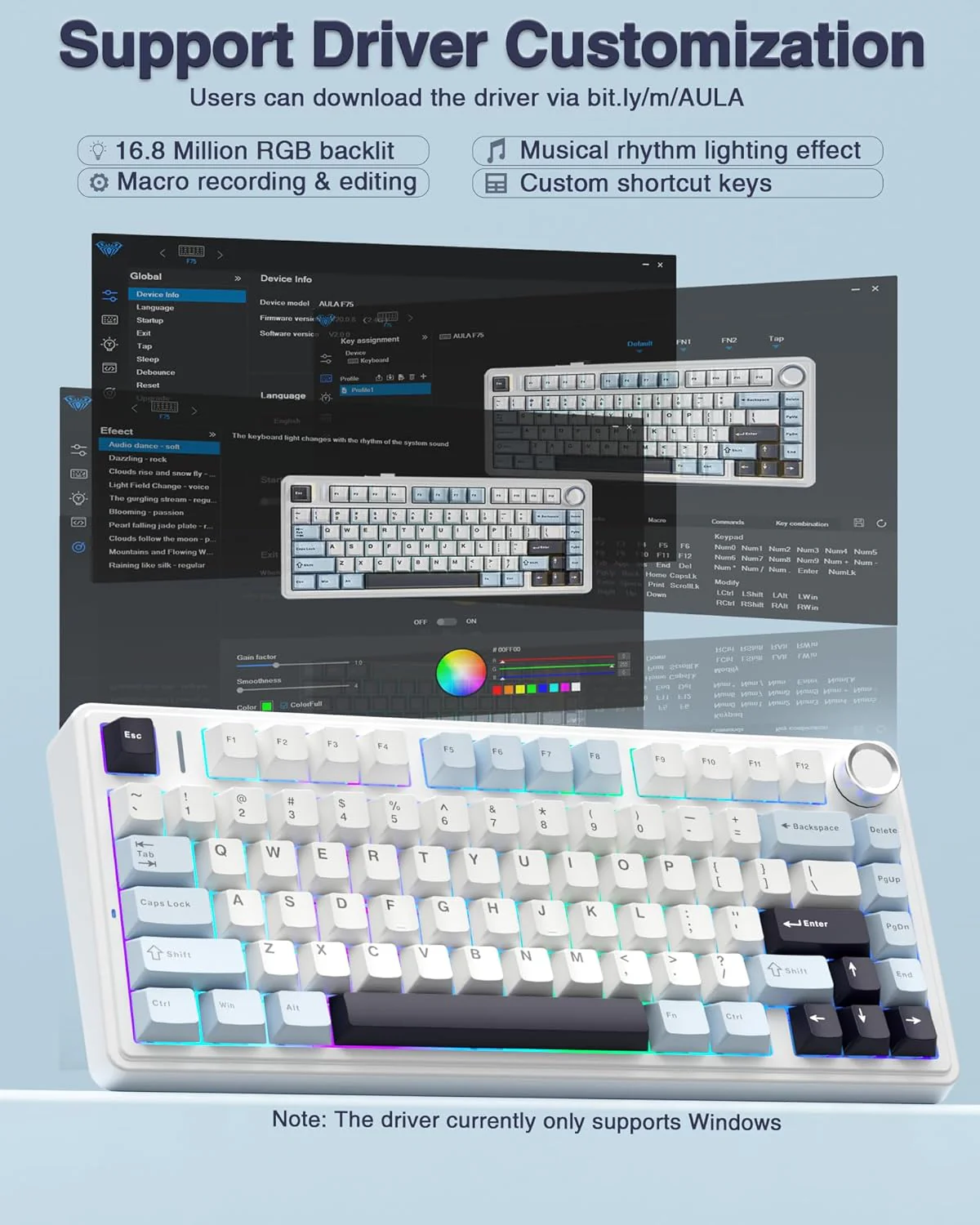 Aula F75 75% Wireless Mechanical Keyboard | Hot Swappable | Pre-lubed Linear Switches | RGB Backlit | 2.4GHz/Type-C/Bluetooth Gaming Keyboard (Reaper Switch) - Image 7
