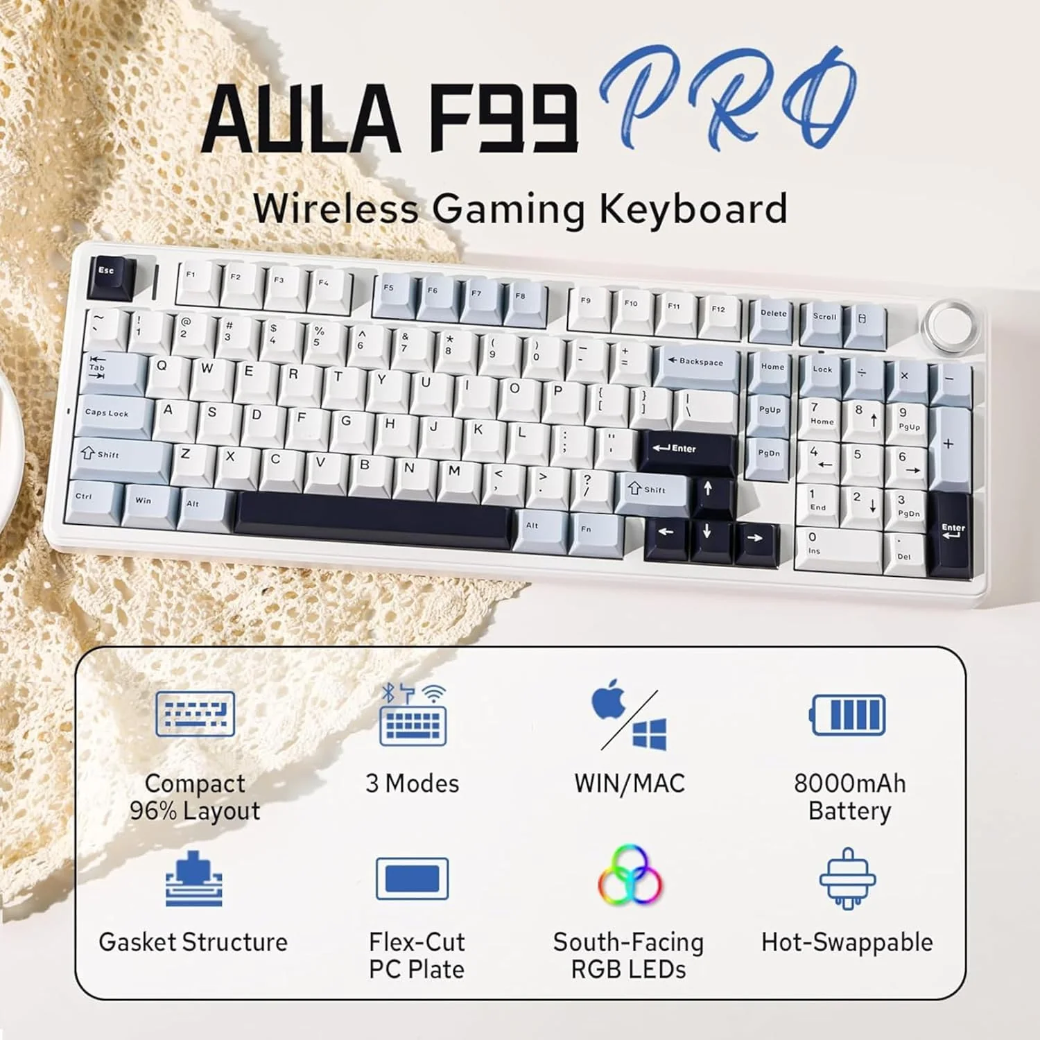 Aula F99 PRO 96% Wireless Full Size Mechanical Gaming Keyboard with Knob | BT5.0/USB-C/2.4GHz Wireless, Hot Swappable Keyboard with 8000mAh Battery, RGB Backlit | Ice Blue - Star Vector Switches - Image 2