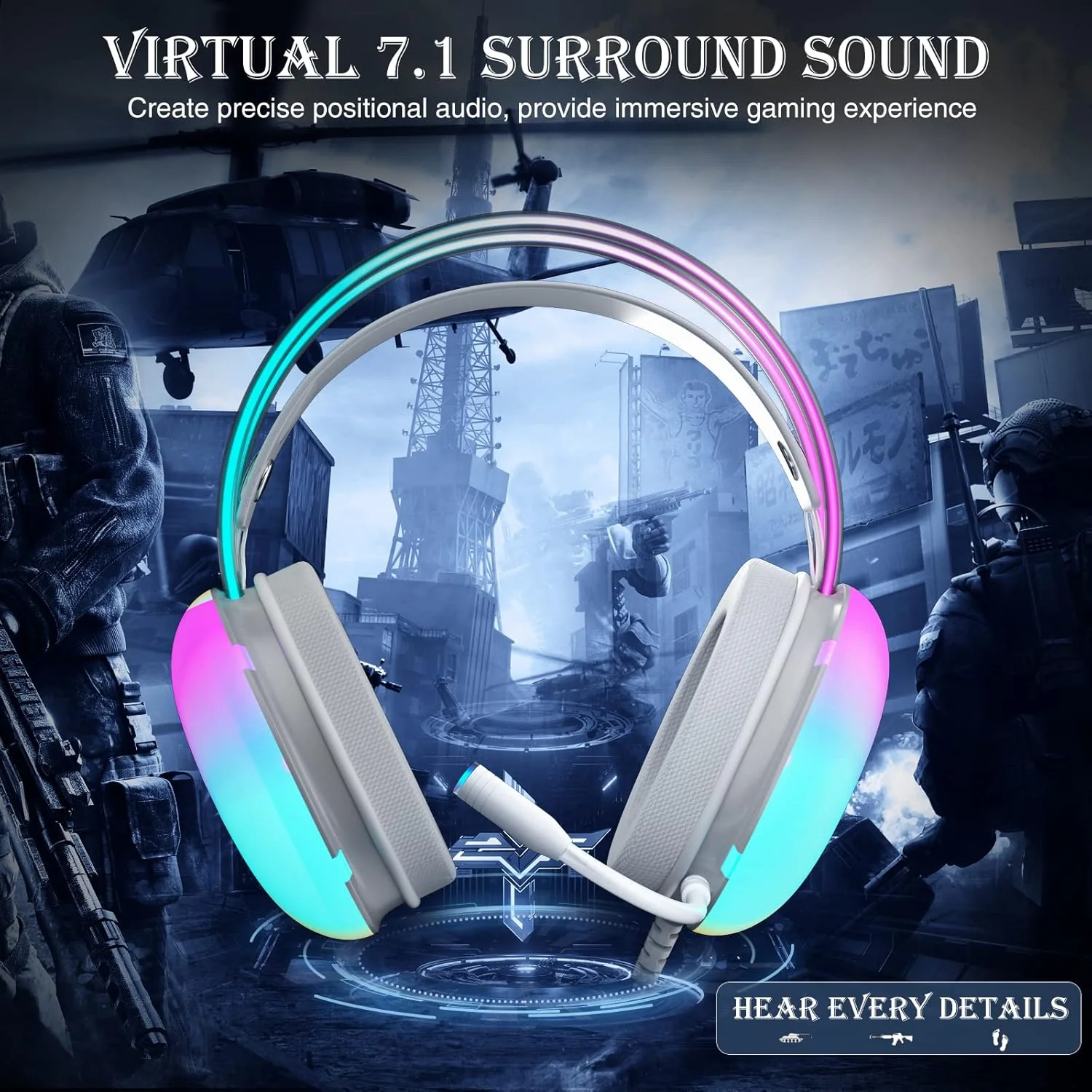 AULA S505 USB Wired Gaming in Ear Headphones with Mic for PC | RGB Rainbow Backlit Gaming Headphone,Virtual 7.1 Surround Sound,50mm Driver,Soft Memory Earmuffs | Wired Laptop Desktop Headset (Green) - Image 2