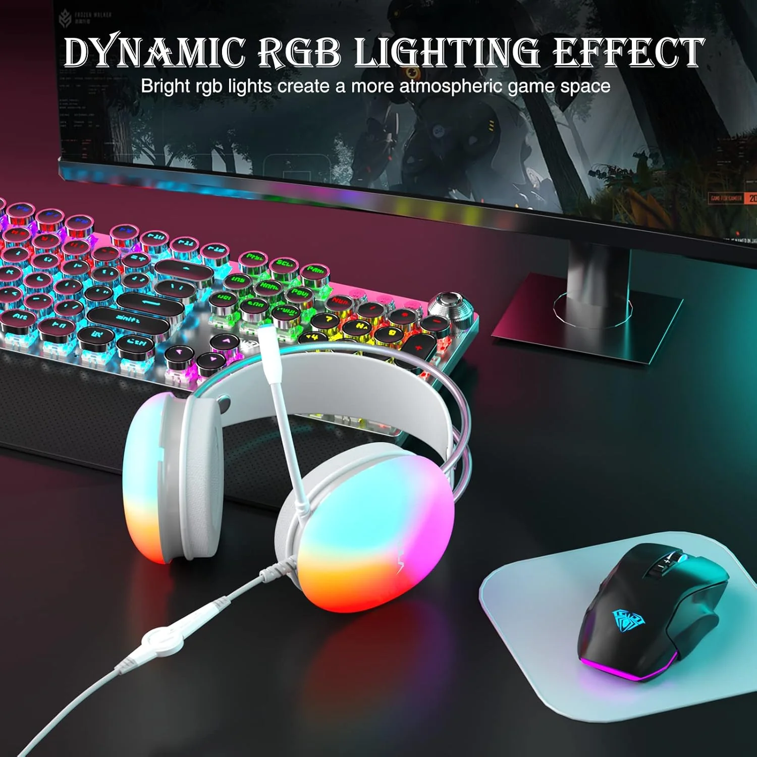 AULA S505 USB Wired Gaming in Ear Headphones with Mic for PC | RGB Rainbow Backlit Gaming Headphone,Virtual 7.1 Surround Sound,50mm Driver,Soft Memory Earmuffs | Wired Laptop Desktop Headset (Green) - Image 4