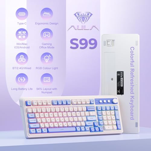 Aula S99 3 in 1 World's First Silicon Membrane Gaming Keyboard | Bluetooth/2.4GHz/USB-C Balls Keycap Keybaord with Knob | Programmable RGB Backlit Gaming Keyboard for PC/Xbox/PS5 (Purple) - Image 2