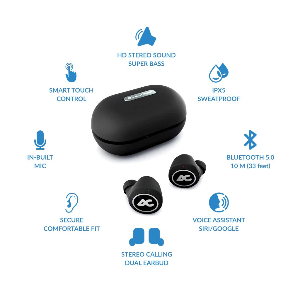 Auxtron AirBolt 505 True Wireless (TWS) Earbuds - Bluetooth 5.0, Full Touch Earphones, IPX5 Water Resistant, HD Stereo Sound, High Bass, InBuilt MIC, Upto 36 Hours Playtime with Charging Case (Green + Black) - Image 2