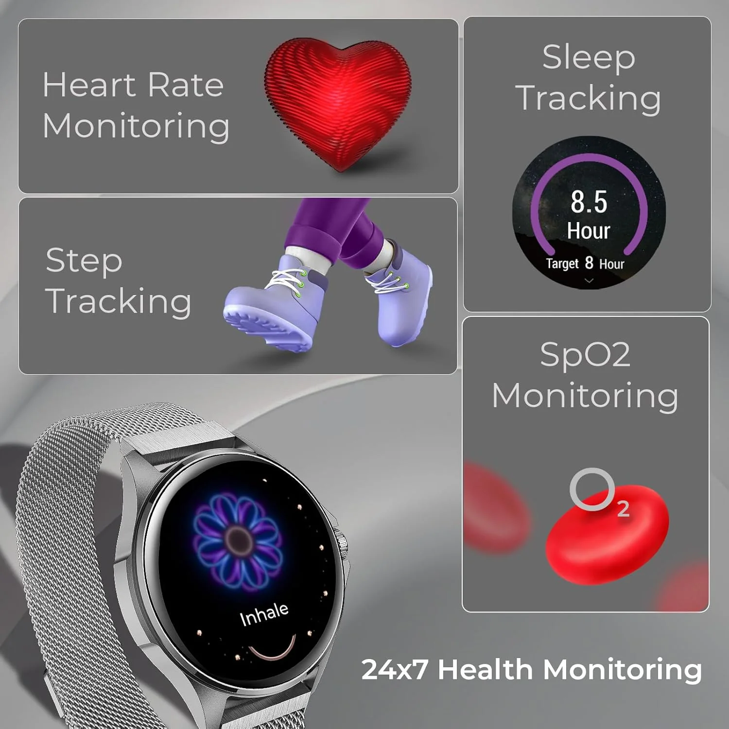 beatXP Nuke 1.32” Super AMOLED Display Bluetooth Calling Smart Watch, 466 * 466px, Metal Body, 500 Nits, 60Hz Refresh Rate, 100+ Sports Modes, 24/7 Health Tracking, IP67 (Silver with Metal Magnetic) - Image 4