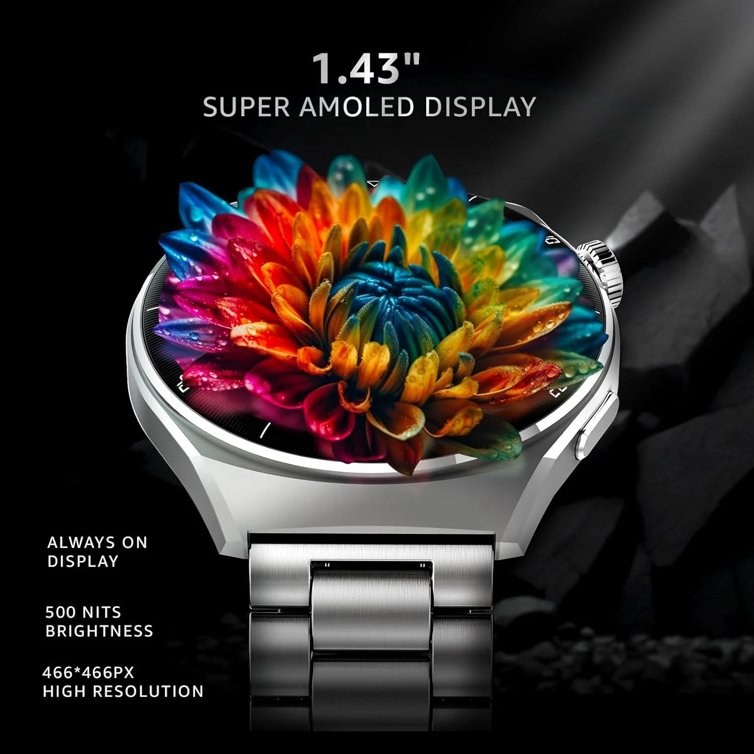 beatXP Vega X 1.43" (3.6 cm) Super AMOLED Display, One-Tap Bluetooth Calling Smart Watch, Metal Body, Rotary Crown, 466 * 466px, 500 Nits Brightness (Electric Black) - Image 3