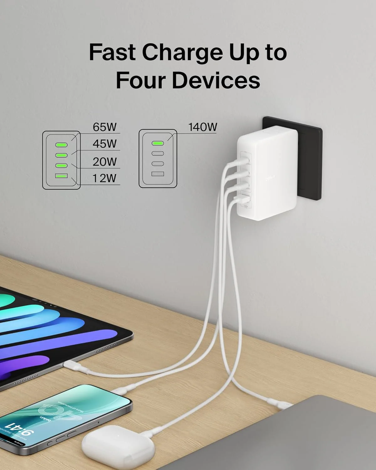 Belkin 140W 4-Port GaN Wall Charger | Travel Plug USB -C PD Fast Charge | Compatible for iPhone 17, Samsung Galaxy, Google Pixel, Ipad, MacBook, Tablet, HP, Dell, Lenovo | 2 Years Warranty, White - Image 4