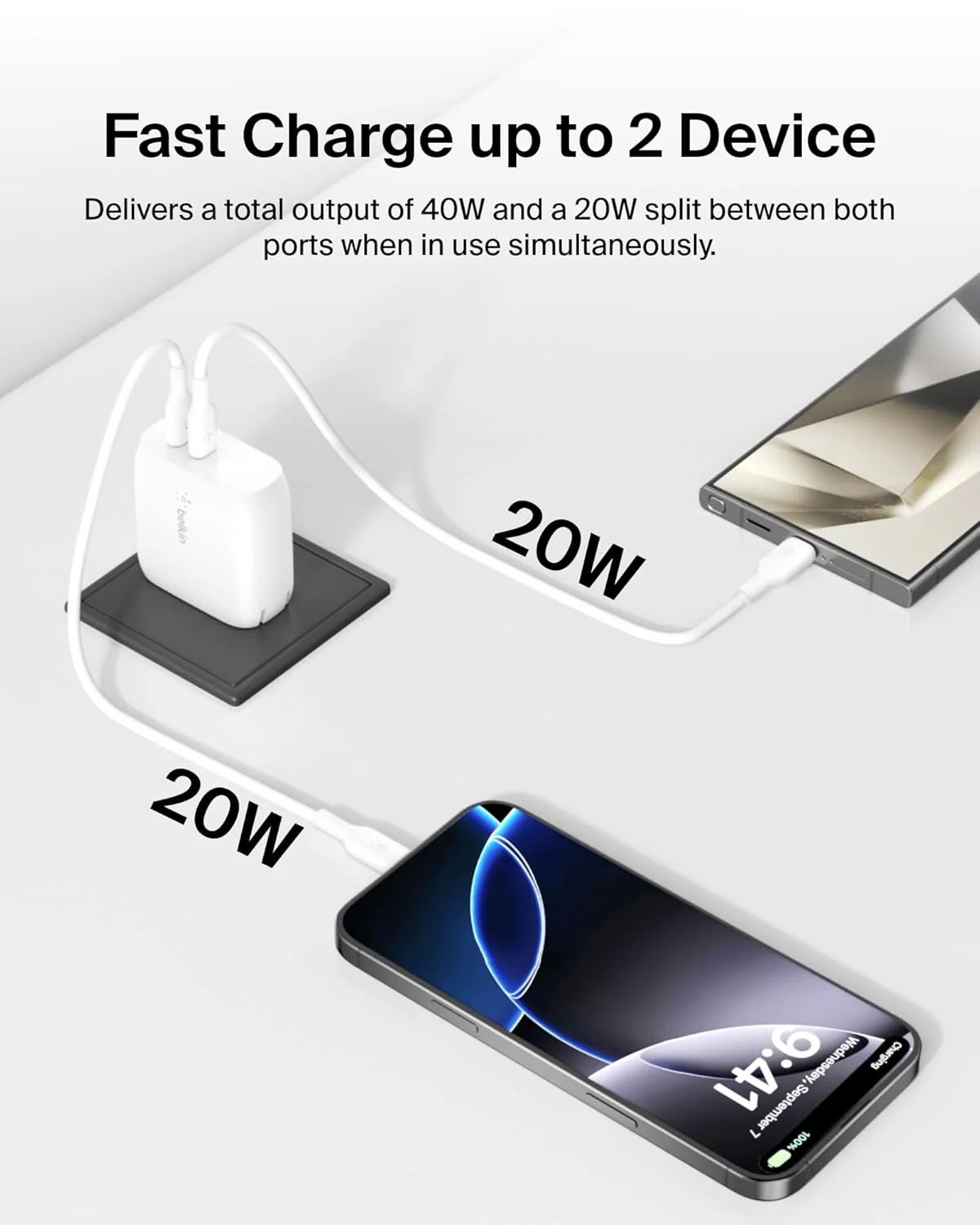 Belkin 40W (20W + 20W) Two Ports USB -C PD Wall Charger | Fast Charging for iPhone 17, Air, Pro, Pro Max, Samsung Galaxy S25, Google Pixel 10, iPad, AirPods, & More | 2 Years Warranty, White - Image 4