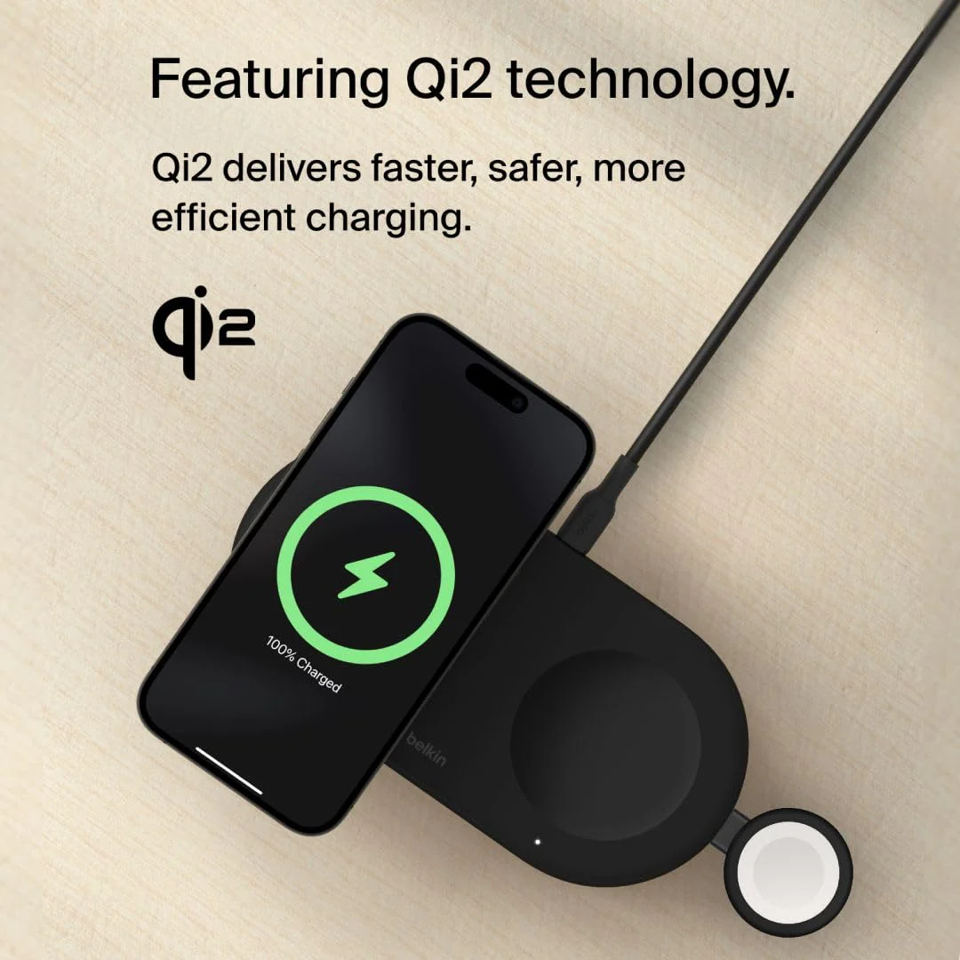 Belkin Magsafe 3-in-1 Wireless Charging Pad Qi2 15W + Additional USB-C Port - MagSafe-Compatible, Charging Station for iPhone 16, 15, & 14 Series, AirPods, Apple Watch and More - Black - Image 2