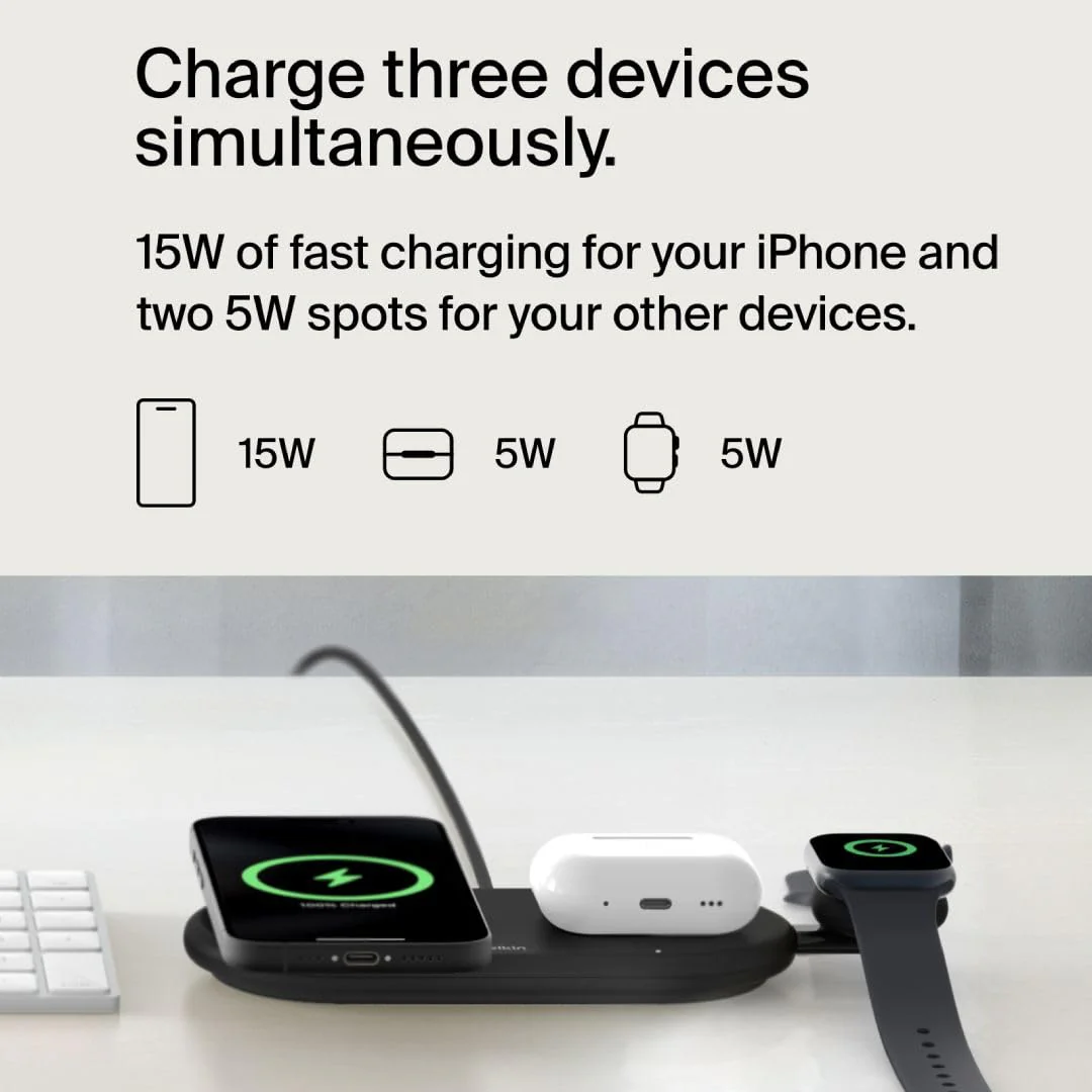 Belkin Magsafe 3-in-1 Wireless Charging Pad Qi2 15W + Additional USB-C Port - MagSafe-Compatible, Charging Station for iPhone 16, 15, & 14 Series, AirPods, Apple Watch and More - Black - Image 3