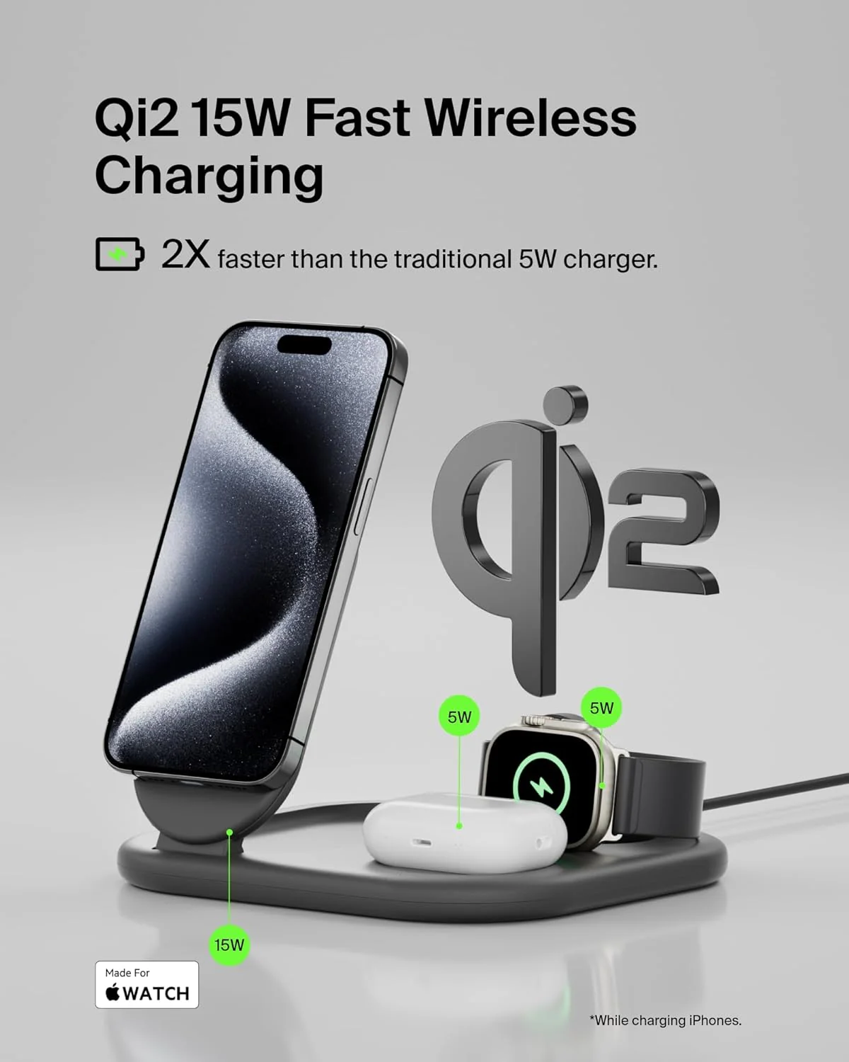 Belkin MagSafe Qi2 Wireless Charger | 3-in-1 Magnetic Foldable Charger with 15W | Fast Charger for iPhone 16, 15, Apple Watch, AirPods with Non-Slip Base | PSU Included | 36W Charger Included - Image 2