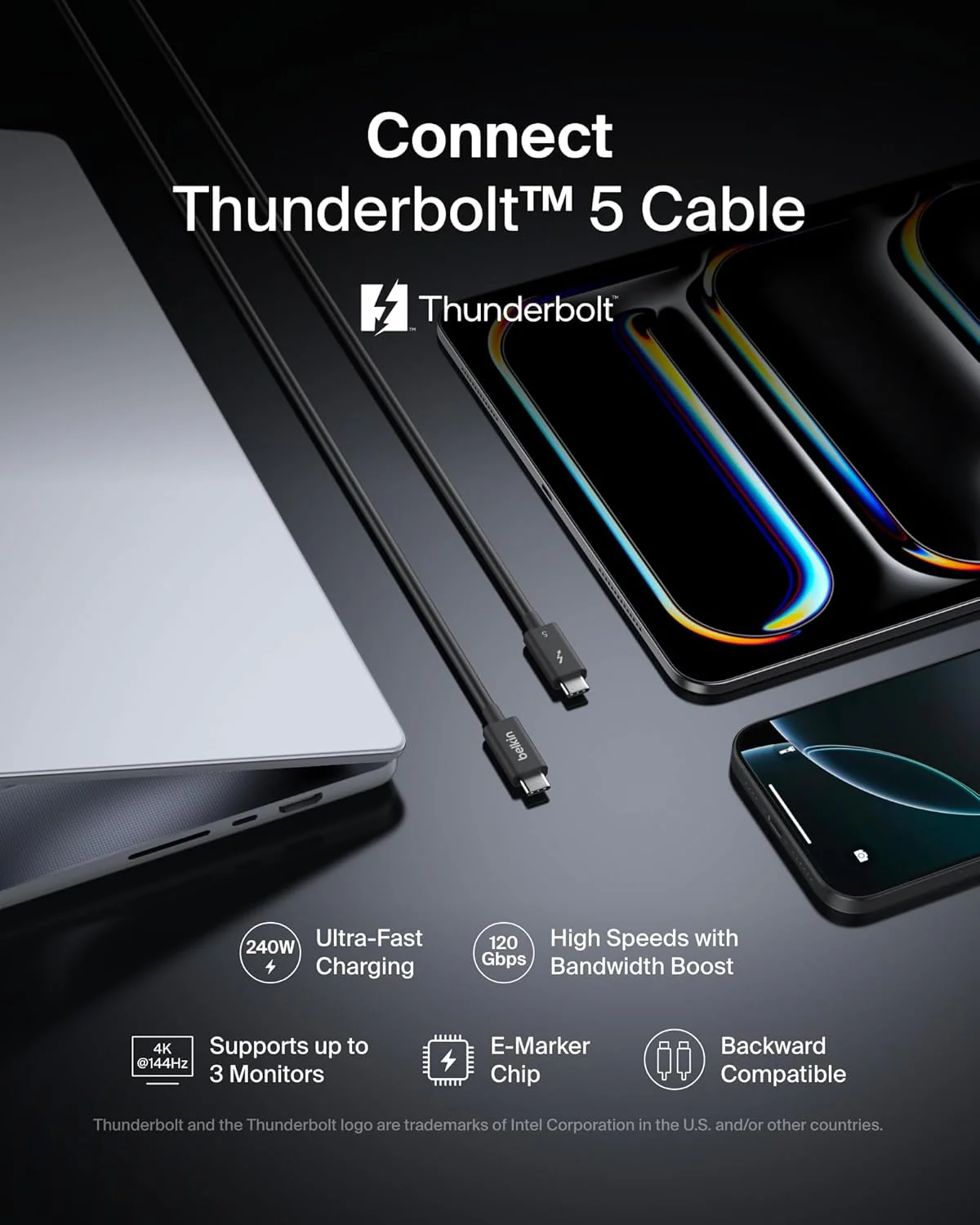 Belkin Thunderbolt 5 Cable USB-C USB4 120Gbps 240W High Speed Data Transfer Supports 4K/540Hz Heavy Duty for iPhone 16/MacBook/iPad Pro/iMac/Windows | USB-IF Certified | 1M Black - Image 2