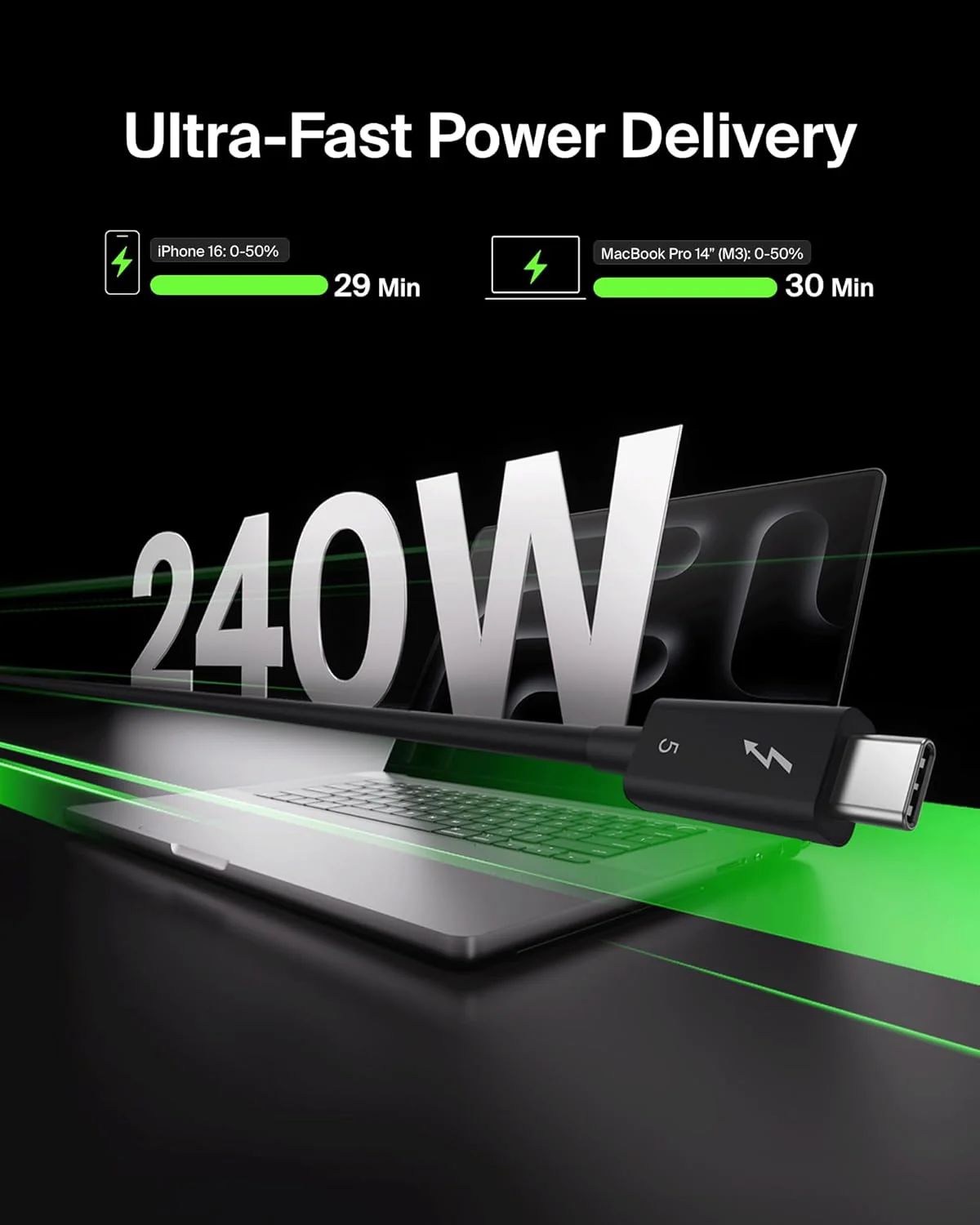 Belkin Thunderbolt 5 Cable USB-C USB4 120Gbps 240W High Speed Data Transfer Supports 4K/540Hz Heavy Duty for iPhone 16/MacBook/iPad Pro/iMac/Windows | USB-IF Certified | 1M Black - Image 3