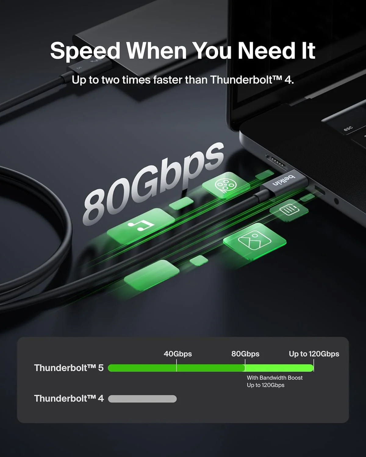 Belkin Thunderbolt 5 Cable USB-C USB4 120Gbps 240W High Speed Data Transfer Supports 4K/540Hz Heavy Duty for iPhone 16/MacBook/iPad Pro/iMac/Windows | USB-IF Certified | 1M Black - Image 4