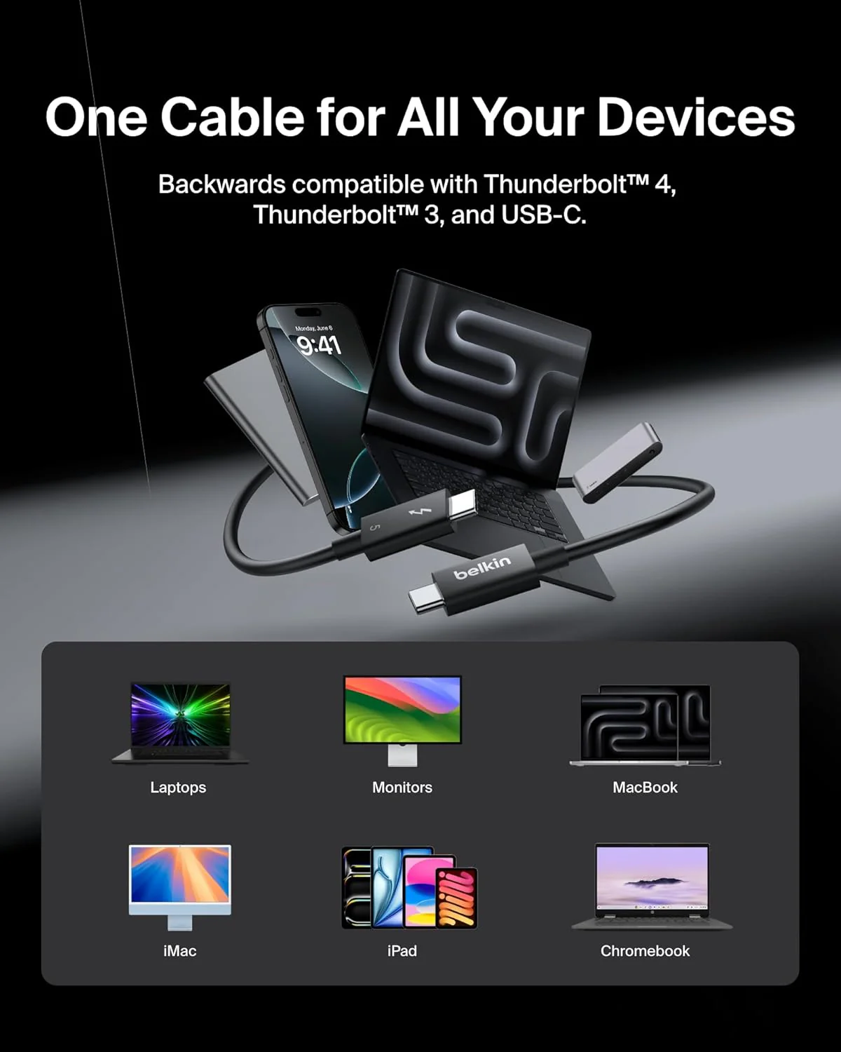 Belkin Thunderbolt 5 Cable USB-C USB4 120Gbps 240W High Speed Data Transfer Supports 4K/540Hz Heavy Duty for iPhone 16/MacBook/iPad Pro/iMac/Windows | USB-IF Certified | 1M Black - Image 8