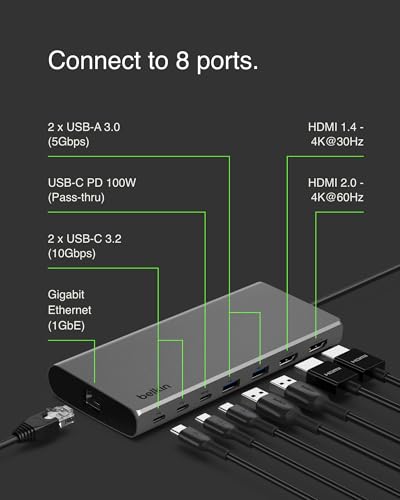 Belkin Universal USB-C 8-in-1 Dual Display Core Hub with 4K Dual Display,10Gbps, Data Transfer, 100W, PD, SiliconMotion, Compatible with MacBook M1, M2, M3, Windows, Chromebook and More- Space Gray - Image 2