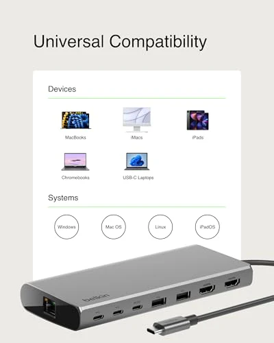 Belkin Universal USB-C 8-in-1 Dual Display Core Hub with 4K Dual Display,10Gbps, Data Transfer, 100W, PD, SiliconMotion, Compatible with MacBook M1, M2, M3, Windows, Chromebook and More- Space Gray - Image 6