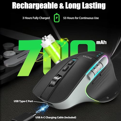 BESTOR Tri-Mode RGB Wireless Mouse,Ultrafast Scroll, Type-C, and 11 Key (DPI-800/1200/1600/2400/3200) 700mAh Wireless Ergonomic Optical Gaming Rechargeable Mouse with Bluetooth (Black) - Image 3