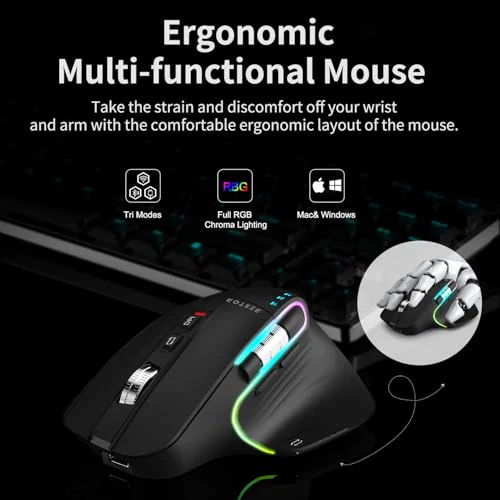 BESTOR Tri-Mode RGB Wireless Mouse,Ultrafast Scroll, Type-C, and 11 Key (DPI-800/1200/1600/2400/3200) 700mAh Wireless Ergonomic Optical Gaming Rechargeable Mouse with Bluetooth (Black) - Image 4