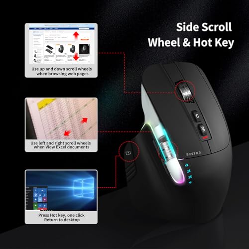 BESTOR Tri-Mode RGB Wireless Mouse,Ultrafast Scroll, Type-C, and 11 Key (DPI-800/1200/1600/2400/3200) 700mAh Wireless Ergonomic Optical Gaming Rechargeable Mouse with Bluetooth (Black) - Image 7