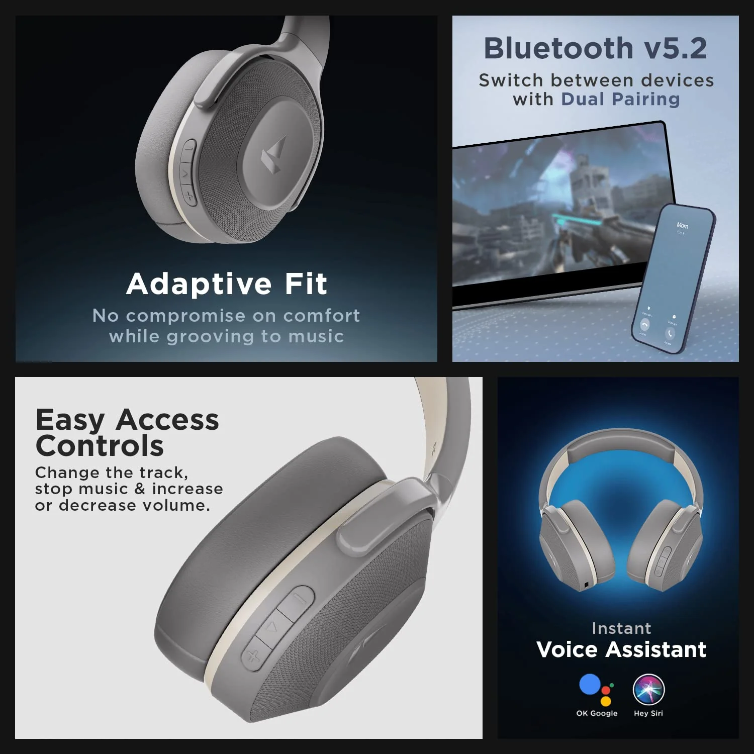 Boat Rockerz 425, ENx Tech, ASAP Charge, 25H Battery, Dual Pair, Stream Ad Free Music via App Support, Bluetooth Headphones, Wireless Over Ear Headphone with Mic (Ash Grey) - Image 6