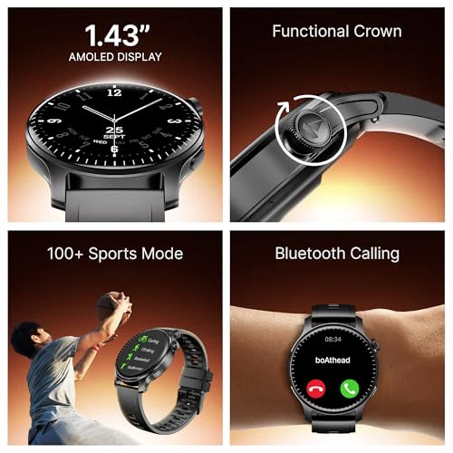 Boat Ultima Prime smartwatch with 1.43” AMOLED Display, AOD, Personalized Fitness Nudges, Functional Crown,100+ Sports Modes, Create Your Own Watchface, smartwatch for Man and Woman (Onyx Black) - Image 2