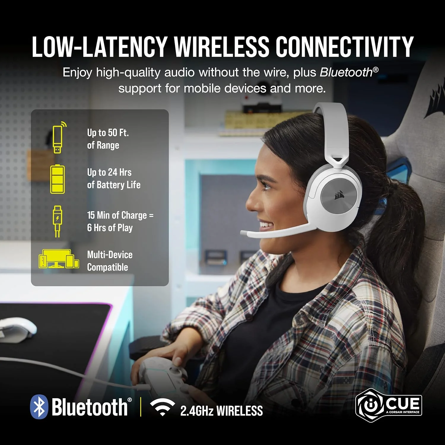 Corsair HS55 Wireless Gaming Headset, White. Low-Latency 2.4Ghz Wireless or Bluetooth, Dolby ® Audio 7.1 Surround Sound, Omni-Directional Microphone with Flip-to-Mute Function - Image 3