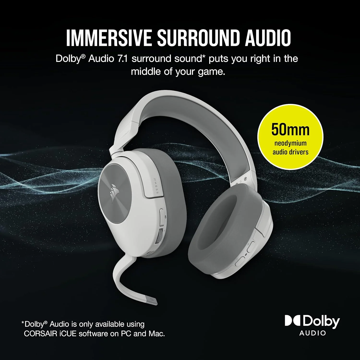 Corsair HS55 Wireless Gaming Headset, White. Low-Latency 2.4Ghz Wireless or Bluetooth, Dolby ® Audio 7.1 Surround Sound, Omni-Directional Microphone with Flip-to-Mute Function - Image 4
