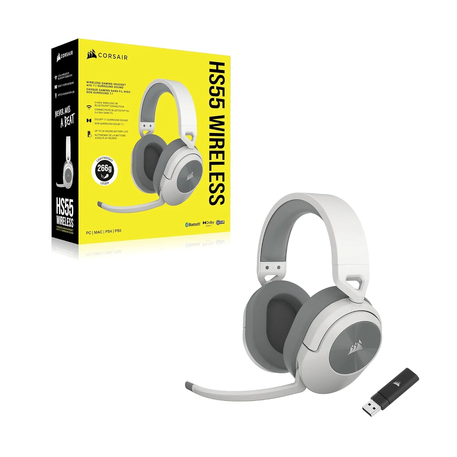 Corsair HS55 Wireless Gaming Headset, White. Low-Latency 2.4Ghz Wireless or Bluetooth, Dolby ® Audio 7.1 Surround Sound, Omni-Directional Microphone with Flip-to-Mute Function - Image 8