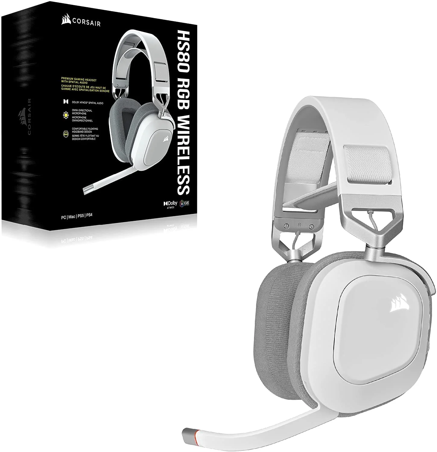 Corsair HS80 RGB Wireless Premium Gaming Headset with Dolby Atmos Audio (Low-Latency, Omni-Directional Microphone, 60ft Range, Up to 20 Hours Battery Life, PS5/PS4 Wireless Compatibility) White - Image 8