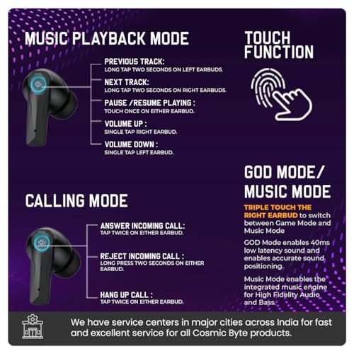 Cosmic Byte CosmoBuds X50 True Wireless Earbuds (TWS), BT 5.3, 40ms Latency GOD Mode™, Music Mode, RGB, 40Hrs, ENC, DNS Quad Mics, IPX5, Voice Assistant (Black) - Image 8