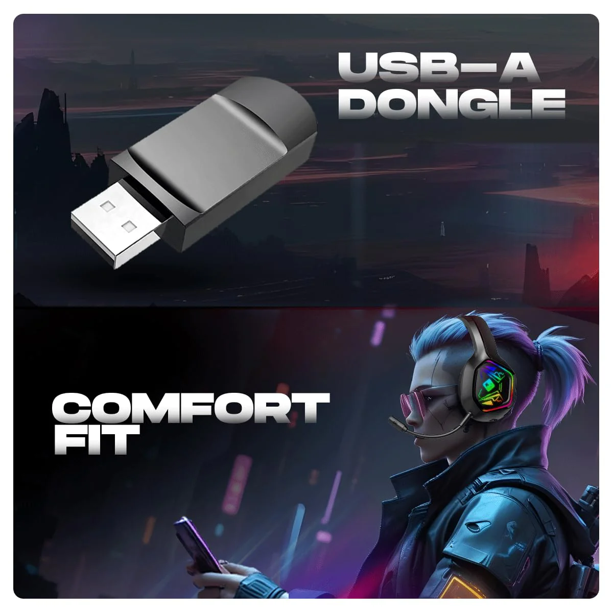 Cosmic Byte Immortal 2.4Ghz Wireless + Bluetooth + Wired Headphone, 20ms Latency, 40Hrs Battery Life, 50mm Driver, RGB LED, Fabric Cushions, Detachable ENC Microphone (Black) - Image 2