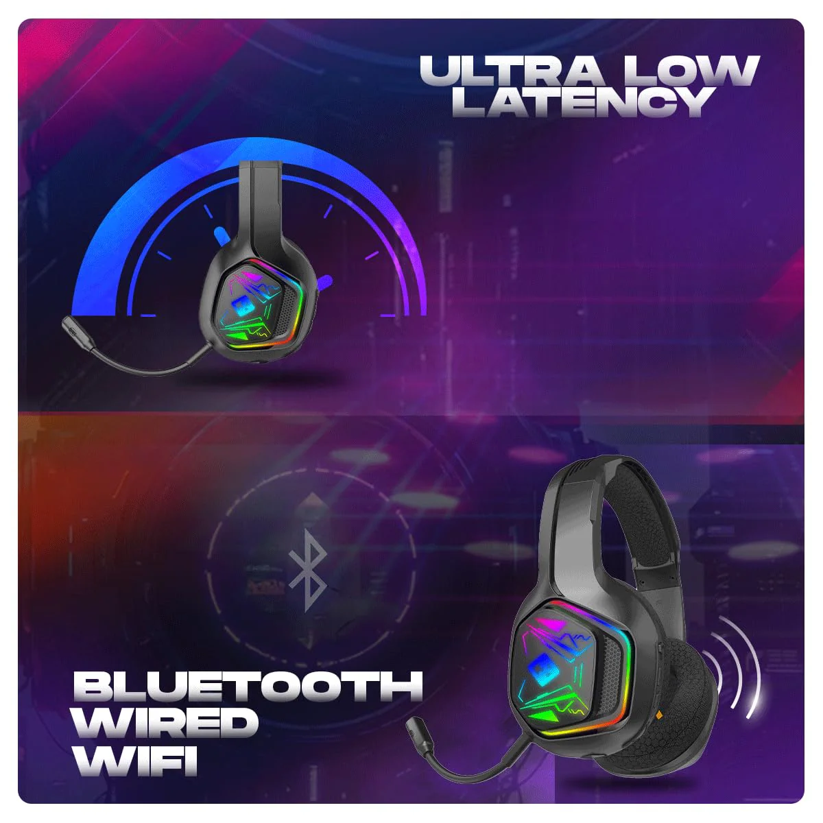 Cosmic Byte Immortal 2.4Ghz Wireless + Bluetooth + Wired Headphone, 20ms Latency, 40Hrs Battery Life, 50mm Driver, RGB LED, Fabric Cushions, Detachable ENC Microphone (Black) - Image 3